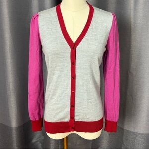 Lord & Taylor Gray Color Block Merino Wool Cardigan with Pink and Red Accents M